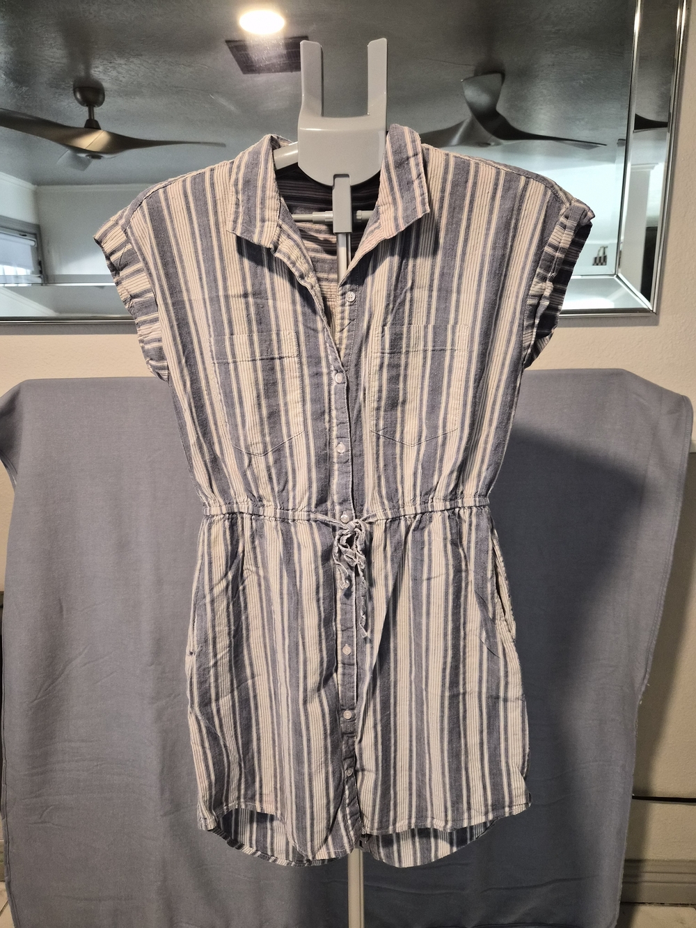 Striped Drawstring Shirt Mini Dress in Light Blue and White